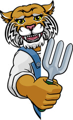 A wildcat gardener cartoon gardening animal mascot holding a garden fork tool peeking round a sign