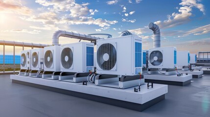 Air conditioning system. Professional male technician installs indoor air conditioner unit inside office or home. Young man in work uniform installs new air conditioner filter hanging on white wall.