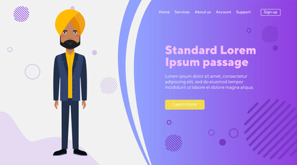 Serious Indian businessman in turban and suit. Flat vector illustration. International business, management, leader concept for web design, benner or landing page