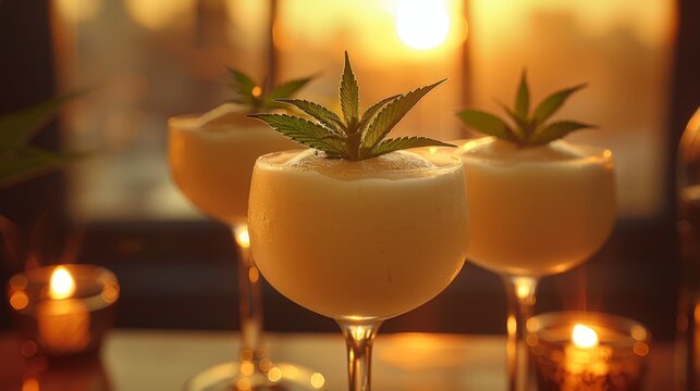   A tight shot of two glassware holding drinks One glass is adorned with a marijuana leaf atop, the other is plain In the backdrop, a lit candle flickers