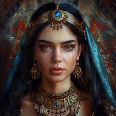 Alluring portrait of a young woman wearing an elaborate headdress and jewelry, rendered in intricate detail with a mix of realism and fantasy elements.