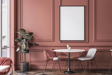 Pink modern interior with table, chairs, plant and frame, 3d render