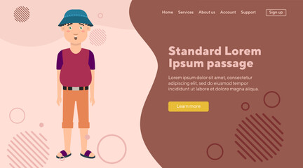 Shocked male tourist in bucket hat. Flat vector illustration. Man in T-shirt and shorts get lost. Vacation, adventure, journey travel, trip concept for landing page or web design