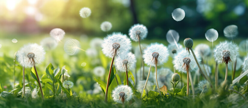 White fluffy dandelions, natural green blurred spring background,
