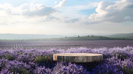 Rustic Wooden Podium Set Against Lavender Fields for Natural Product Display