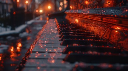   A piano sits on the sidewalk beside the street, raindrops dotting the ground beneath it The background hums with a streetlight's gentle glow