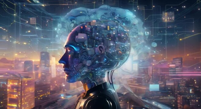 Craft a pixel art scene depicting a persons brain connected to futuristic technologies from a rear view perspective Show neural networks merging with high-tech gadgets in a glitch art style