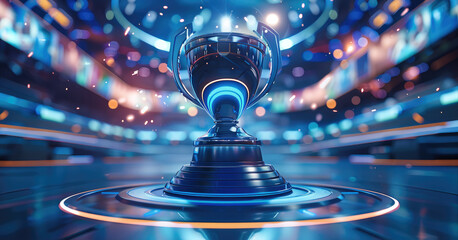 A large trophy sits on a podium, The base is spiral shaped, a futuristic stage with floating LED...
