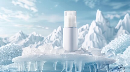 White skin care product essence liquid hanging on ice