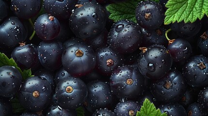   A tight shot of plump blueberries, dotted with water droplets, and a vibrant green leaf nearby - obrazy, fototapety, plakaty