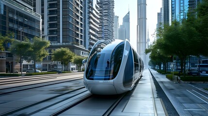 Futuristic Autonomous Public Transit System Gliding Through Innovative Urban Landscape