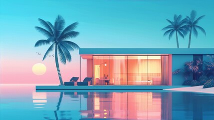 Obraz premium Beach house at sunset with a swimming pool, palm trees, and a pink sky in the background, in 3D rendering.