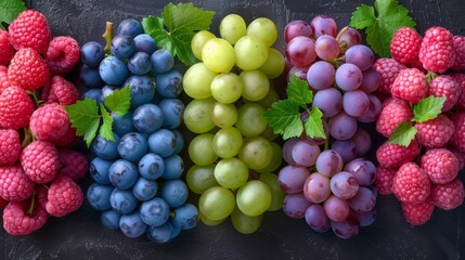  a bunch of grapes, raspberries, and blue raspberries