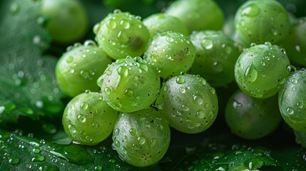   A dozen green grapes atop a verdant, rain-splashed leaf under the sun
