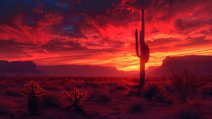 Dramatic desert scene with cactus against a fiery red sky - obrazy, fototapety, plakaty