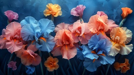   Colorful flowers in a cluster sit before a blue backdrop on a windowsill