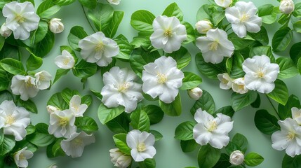   Green background with a bunch of white flowers and their green leaves