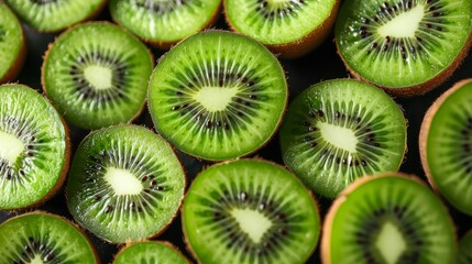   A stack of kiwi fruits, some cut in half, atop a larger pile