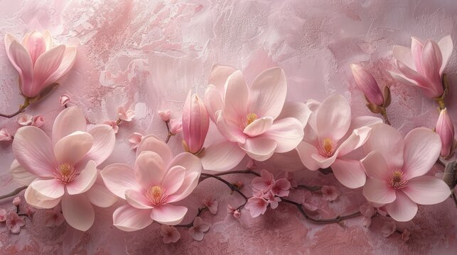   A painting of pink flowers and leaves against a pink textured background, set against a softly textured light pink backdrop