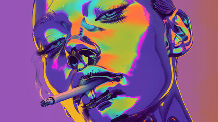 Obraz na płótnie Canvas A striking portrait featuring a chrome woman's head smoking a cigarette against a vibrant purple background. Yellow reflections add depth and intensity to the scene, reminiscent of the iconic style 
