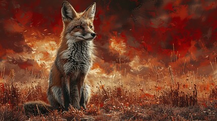 Serenity at sunset: A desert fox stands majestically against a vibrant red sky - obrazy, fototapety, plakaty
