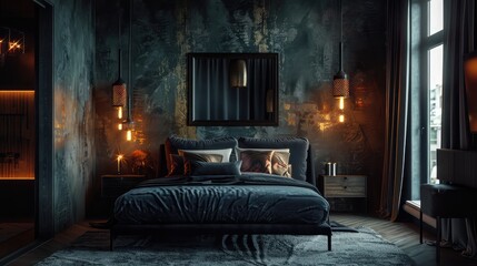 Fototapeta premium Interior of modern bedroom with wooden walls, concrete floor, comfortable king size bed and wooden wardrobe. 3d rendering,a contemporary stone pine bed with hanging lamps 