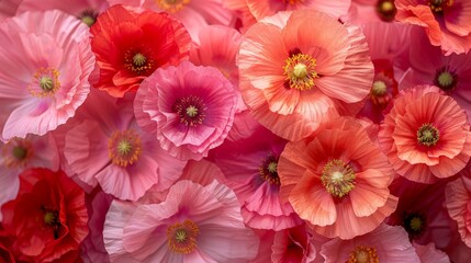  A cluster of pink and red flowers, situated in the image's heart among similar blooms - obrazy, fototapety, plakaty