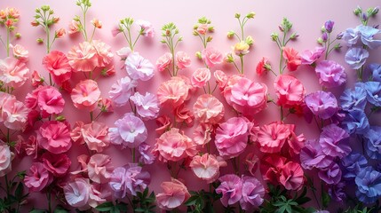   A collection of flowers arranged together in various shades of pink, purple, blue, and green