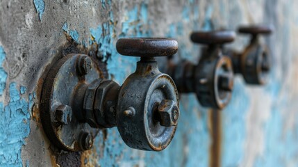 Old rusty steel valve knobs on the wall of a historic water tower.Heavily corroded steel valves of an old historic water installation installed on the wall of an ancient historic water tower. - obrazy, fototapety, plakaty