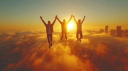   Three individuals leap above clouds, arms extended towards the sun behind them - obrazy, fototapety, plakaty