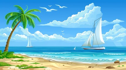   A painting of a sailboat in the ocean, with a palm tree in the foreground and another sailboat in the background