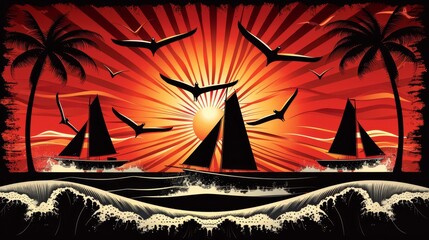  A painting depicts an individual balancing on a surfboard against a backdrop of a setting sun Birds fly overhead, above the tranquil