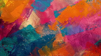 Brightly colored abstract painting with thick oil paint brush strokes in blue, green, pink, yellow, and orange. - obrazy, fototapety, plakaty