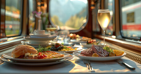 The table of the high-speed rail train is covered with a tablecloth and food, steak, pizza are placed on the tablecloth. Generative AI.