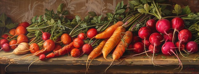 Still life painting of carrots and radishes on a wooden table, with a blurry background in warm colors, in the style of Caravaggio.