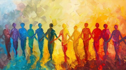 Unity and diversity of people in bright colors holding hands, painted in an abstract style with thick oil-like brush strokes on canvas, conveying a sense of community and togetherness.