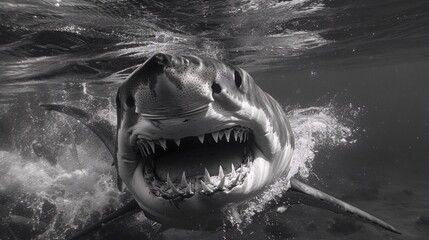 Black and white underwater photography of a great white shark with its mouth wide open and teeth bared.