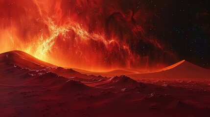 Dramatic sand dune landscape under a fiery red sky at twilight - obrazy, fototapety, plakaty