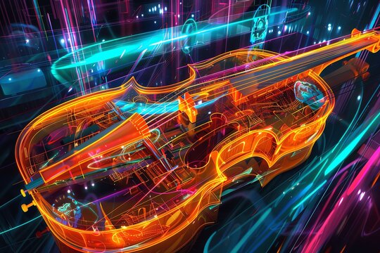Design a captivating image showcasing a futuristic musical instrument with glowing neon strings, surrounded by an array of holographic speakers emitting vibrant, multicolored beams of light that creat