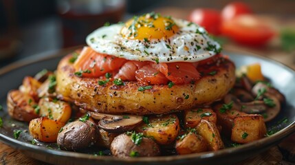  potatoes and a fried egg atop a mound of tomatoes