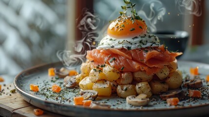   A plate with potatoes, carrots, and a poached egg - obrazy, fototapety, plakaty