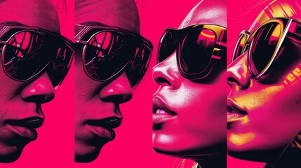   Three images of a woman in front of a pink backdrop, each wearing sunglasses placed atop her head