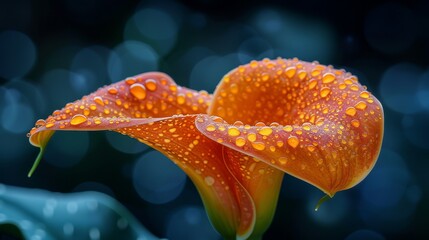   A tight shot of a bloom, with dewdrops adorning its petals, and a hazy backdrop