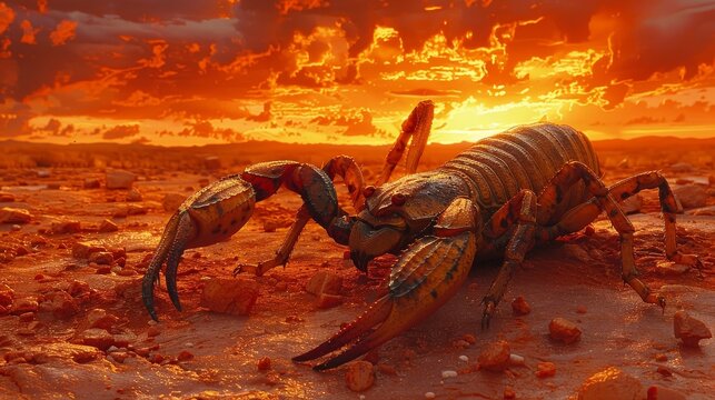 Scorpion silhouette against a fiery red sunset sky in a desert landscape