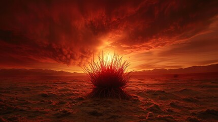 Dramatic red sky over desert landscape with isolated tumbleweed - obrazy, fototapety, plakaty