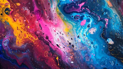 Vivid swirls of magenta, yellow, and blue create an abstract, fluid art pattern with a glossy finish, suggesting cosmic beauty or creative inspiration.