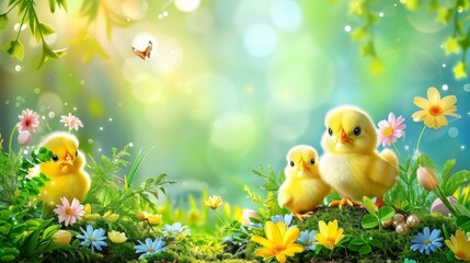   A cluster of tiny yellow chicks atop a verdant green field, teeming with flowers, hosts a flitting butterfly