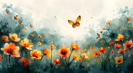 Blossoming Harmony: Lively Watercolor Dance of Butterflies and Rain-Soaked Flowers