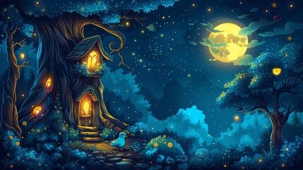   A painting of a tree house at night under a full moon