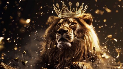 Naklejka premium Lion with golden fur and crown in front of dark background